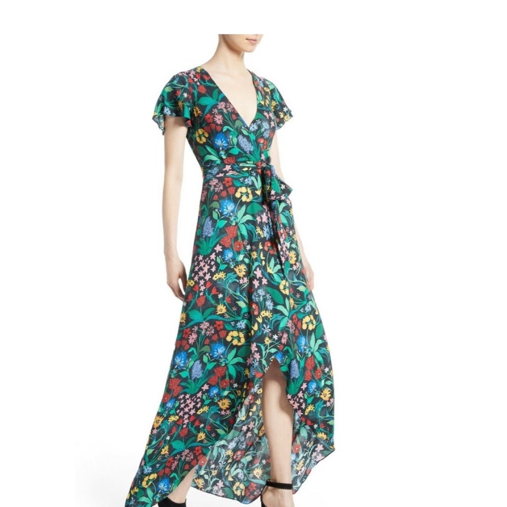 Alice + Olivia Green Pink Yellow Blue Wrap Ruffled Sundress